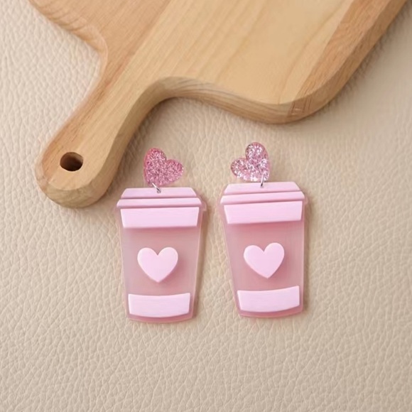 Sparkling Pink Coffee Milk Tea Cup Acrylic Studed Earrings - Picture 2 of 6